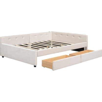 Full Size Upholstered Platform Bed with USB and 2 Drawers, Beige