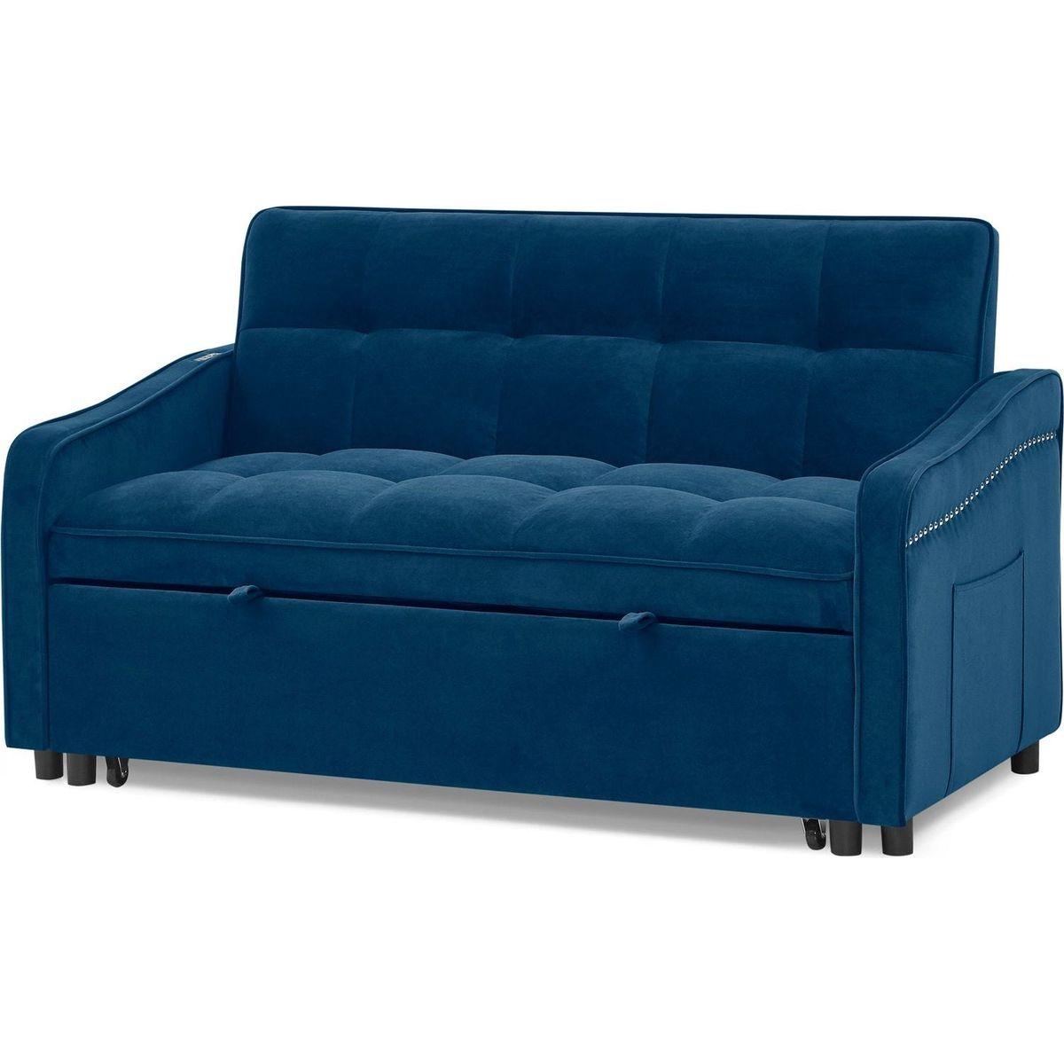 Loveseats Sofa Bed with Pull-out Bed,Adjustable Back and Two Arm Pocket,TypeC and USB Charging with Copper nail,Blue (47"x53"x31")
