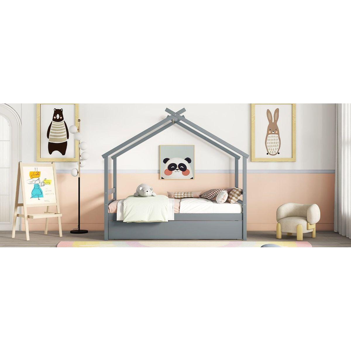 Twin Size House-shaped Bed with Trundle,Grey