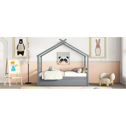 Twin Size House-shaped Bed with Trundle,Grey