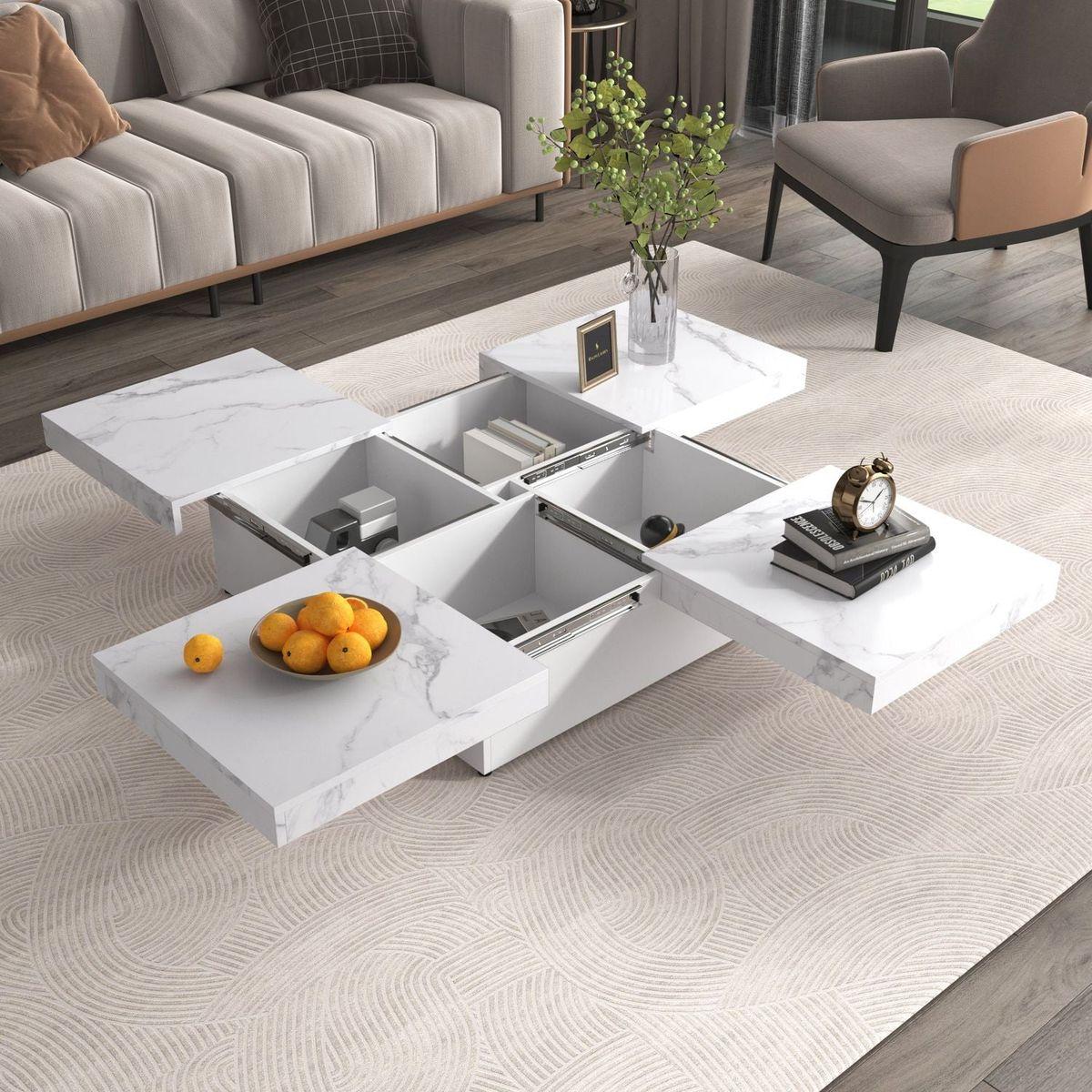 Square Marble Veneer Coffee Table Sliding Top with Storage in White 39.4"