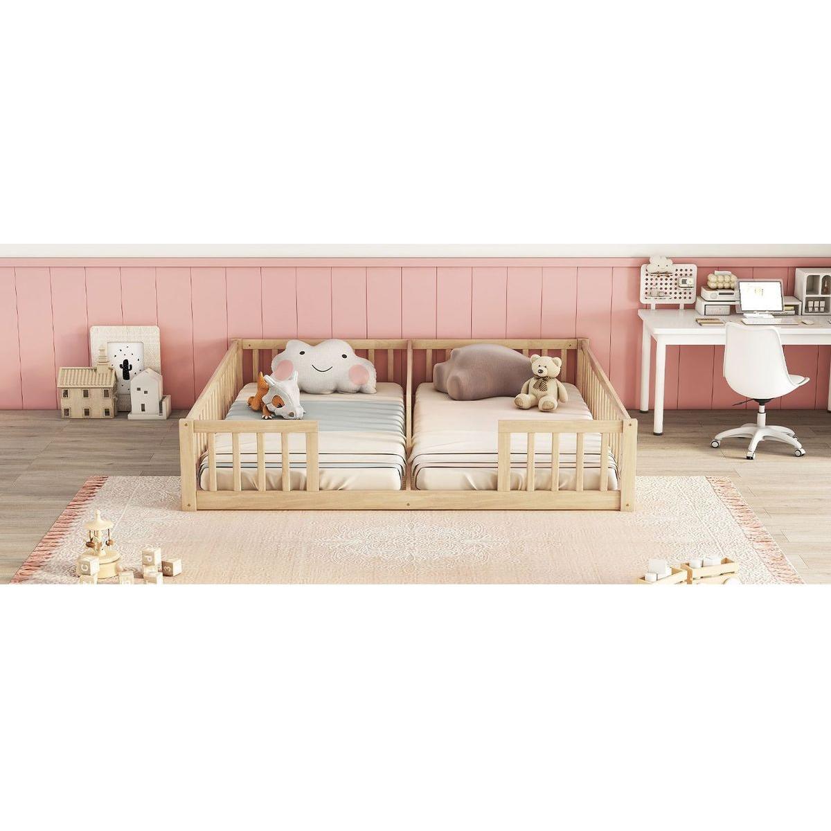 Double Twin Floor Bed with Fence, Guardrails, without door, Natural