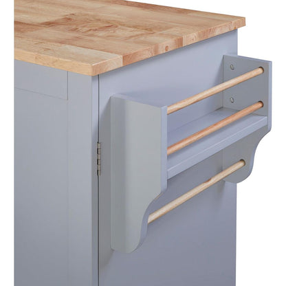 Rolling Kitchen Island with Storage, Kitchen Cart with Rubber Wood Top, 3 Drawer, 2 Slide-Out Shelf and Internal Storage Rack, Kitchen Island on Wheels with Spice Rack & Tower Rack, Grey Blue