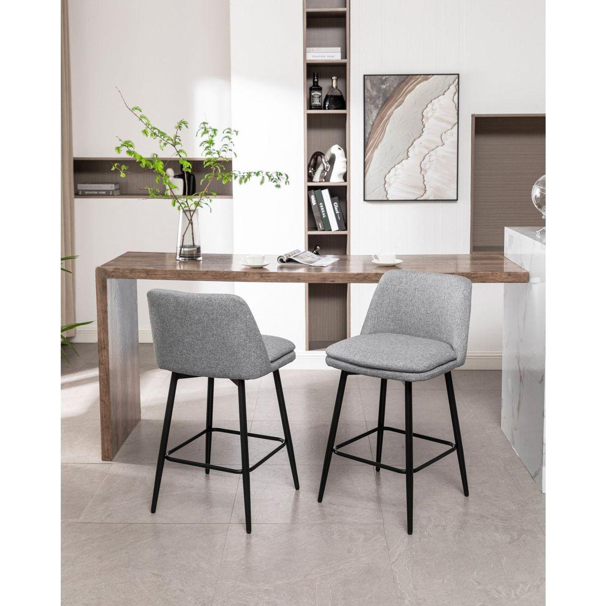 Counter Height Swivel Bar Stools Set of 2, 360 Swivel Upholstered Barstools with Back and Metal Legs, 25.6" Seat Height,Counter Stools for Kitchen Island and Pub,Linen Cloth,Grey