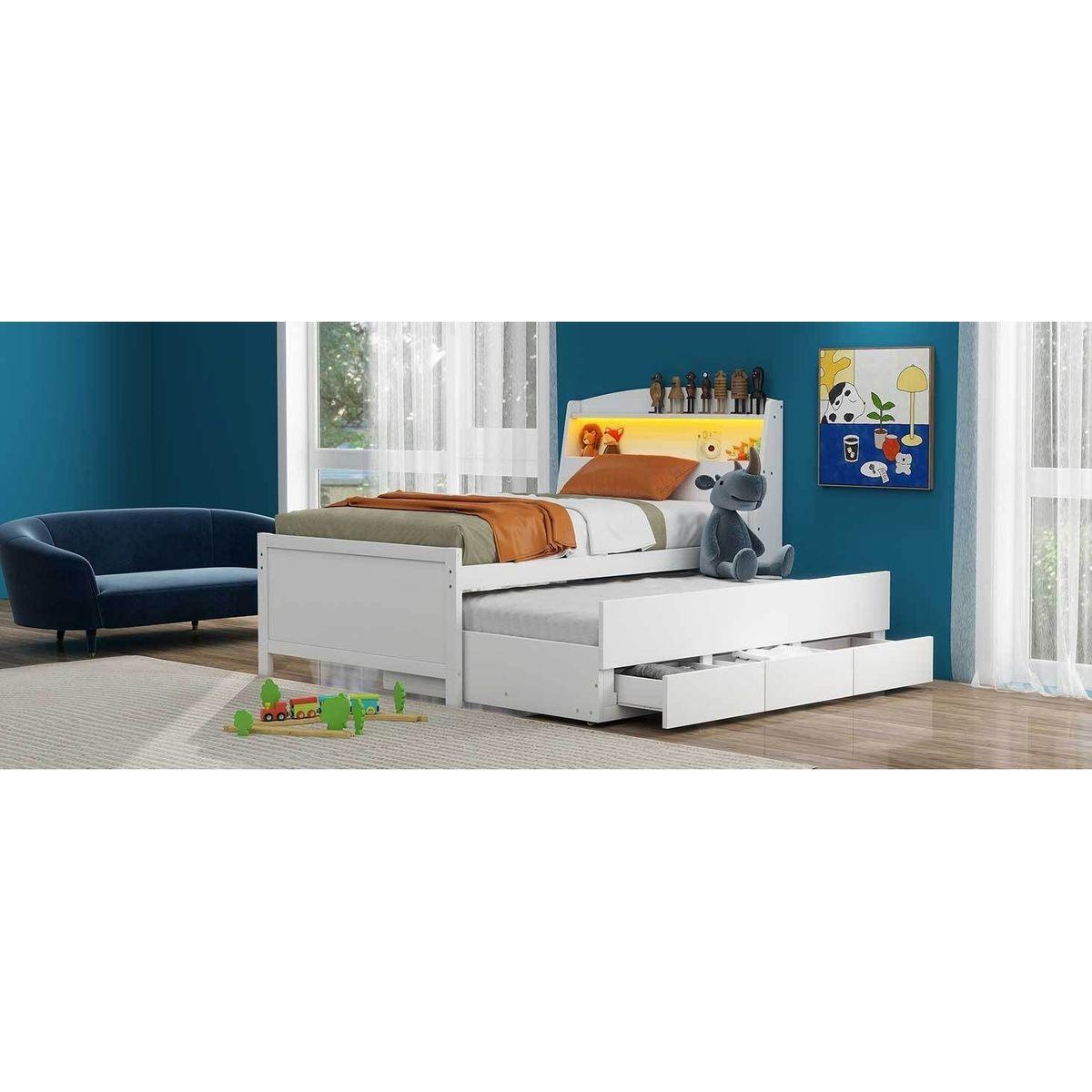 Twin Size Platform Bed with Storage LED Headboard, Twin Size Trundle and 3 Drawers, White