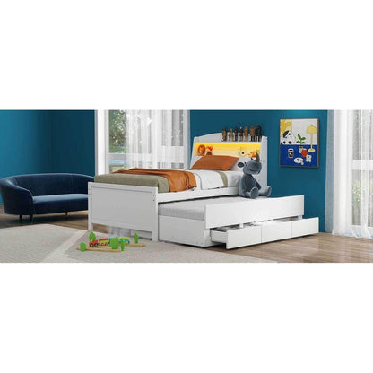 Twin Size Platform Bed with Storage LED Headboard, Twin Size Trundle and 3 Drawers, White