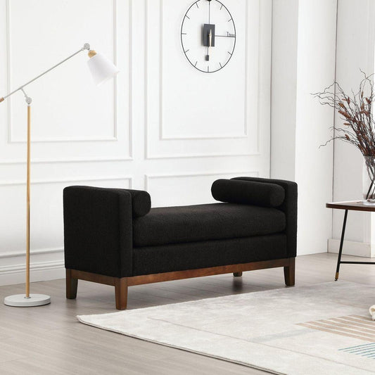 53.5"W Elegant Upholstered Bench, Ottoman with Wood Legs & Bolster Pillows for End of Bed, Bedroom, Living Room, Entryway, Black
