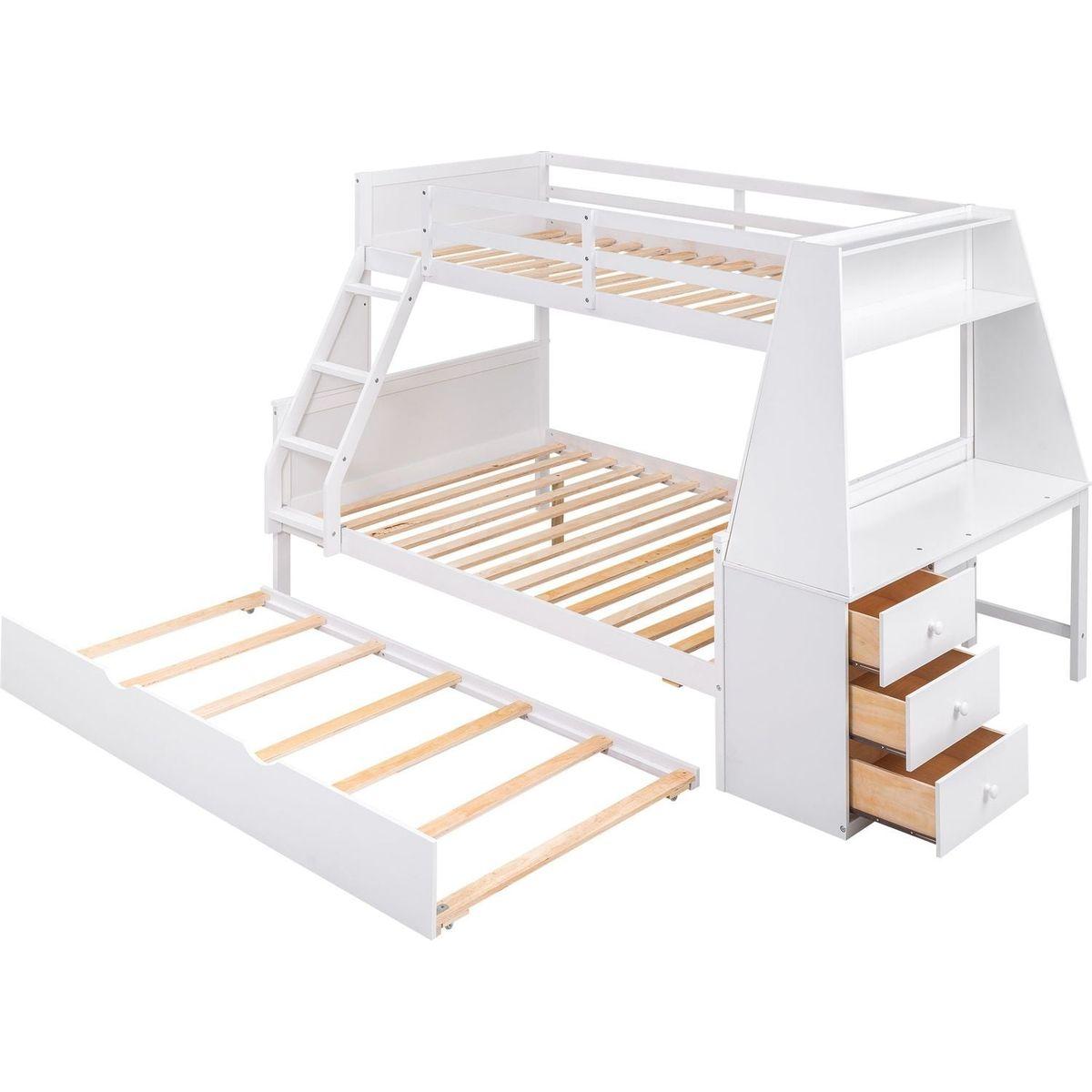 Twin over Full Bunk Bed with Trundle and Built-in Desk, Three Storage Drawers and Shelf,White