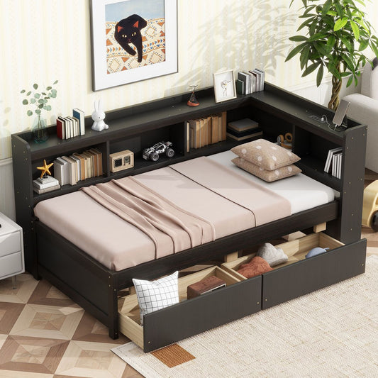 Twin Size L-shaped Bookcases Bed with Power Outlets, USB Charging Ports,Two Drawers,Espresso