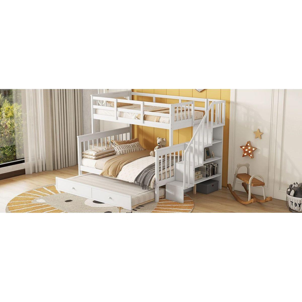 Twin-Over-Full Bunk Bed with Twin size Trundle, Storage and Guard Rail for Bedroom, Dorm, for Adults, White