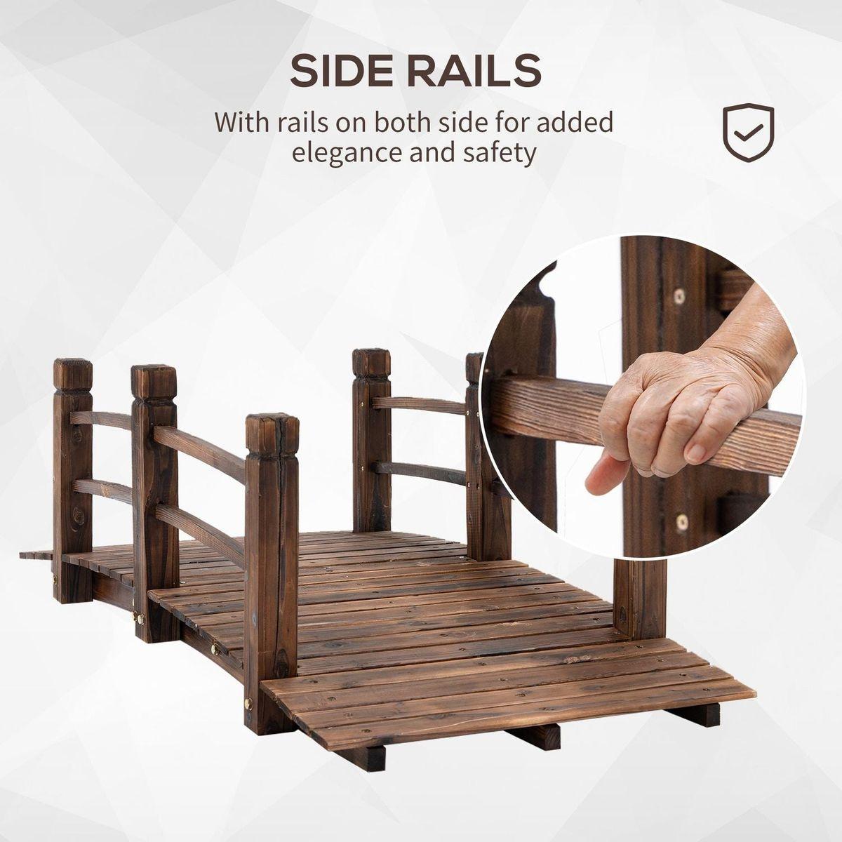 Fir Wood Garden Bridge Arc Walkway with Side Railings for Backyards, Gardens, and Streams, Stained Wood, 60" x 26.5" x 19"