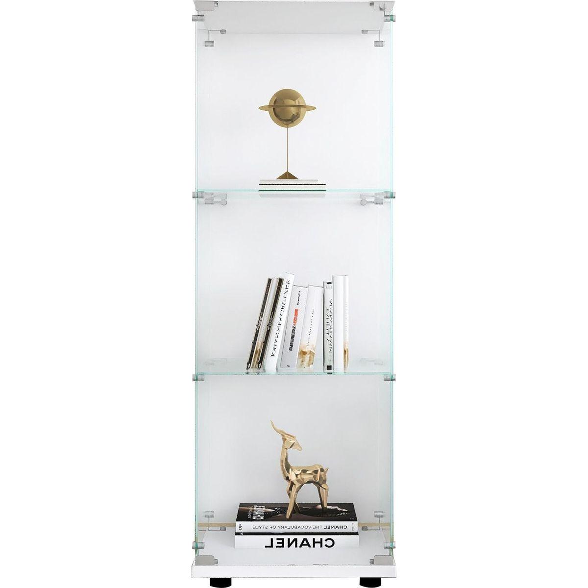 Glass Display Cabinet with 3 Shelves, One-Door Curio Cabinets for Living Room, Bedroom, Office, White Floor Standing Glass Bookshelf, Quick Installation