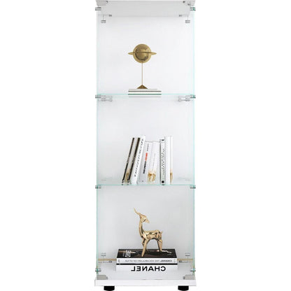 Glass Display Cabinet with 3 Shelves, One-Door Curio Cabinets for Living Room, Bedroom, Office, White Floor Standing Glass Bookshelf, Quick Installation