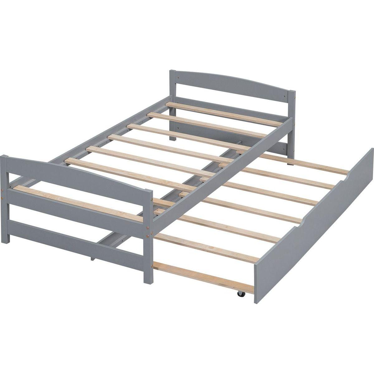 Twin Size Platform Bed with Twin Size Trundle, Gray