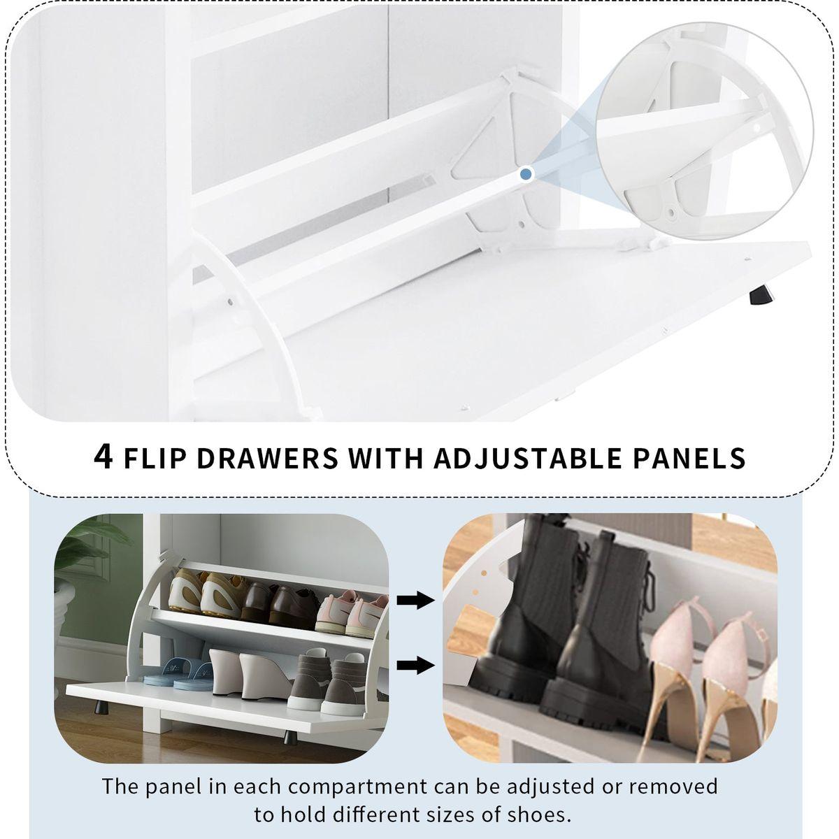 Slim Shoe Cabinet Set with 4 Flip Drawers, Wood Grain Pattern Top Shoe Storage Solution with Adjustable Panel, Modern Style Shoe Rack with Drawers for Hallway, White