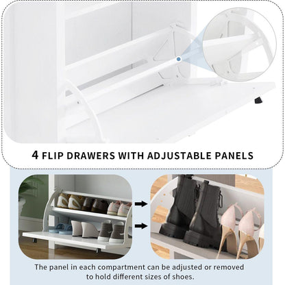 Slim Shoe Cabinet Set with 4 Flip Drawers, Wood Grain Pattern Top Shoe Storage Solution with Adjustable Panel, Modern Style Shoe Rack with Drawers for Hallway, White