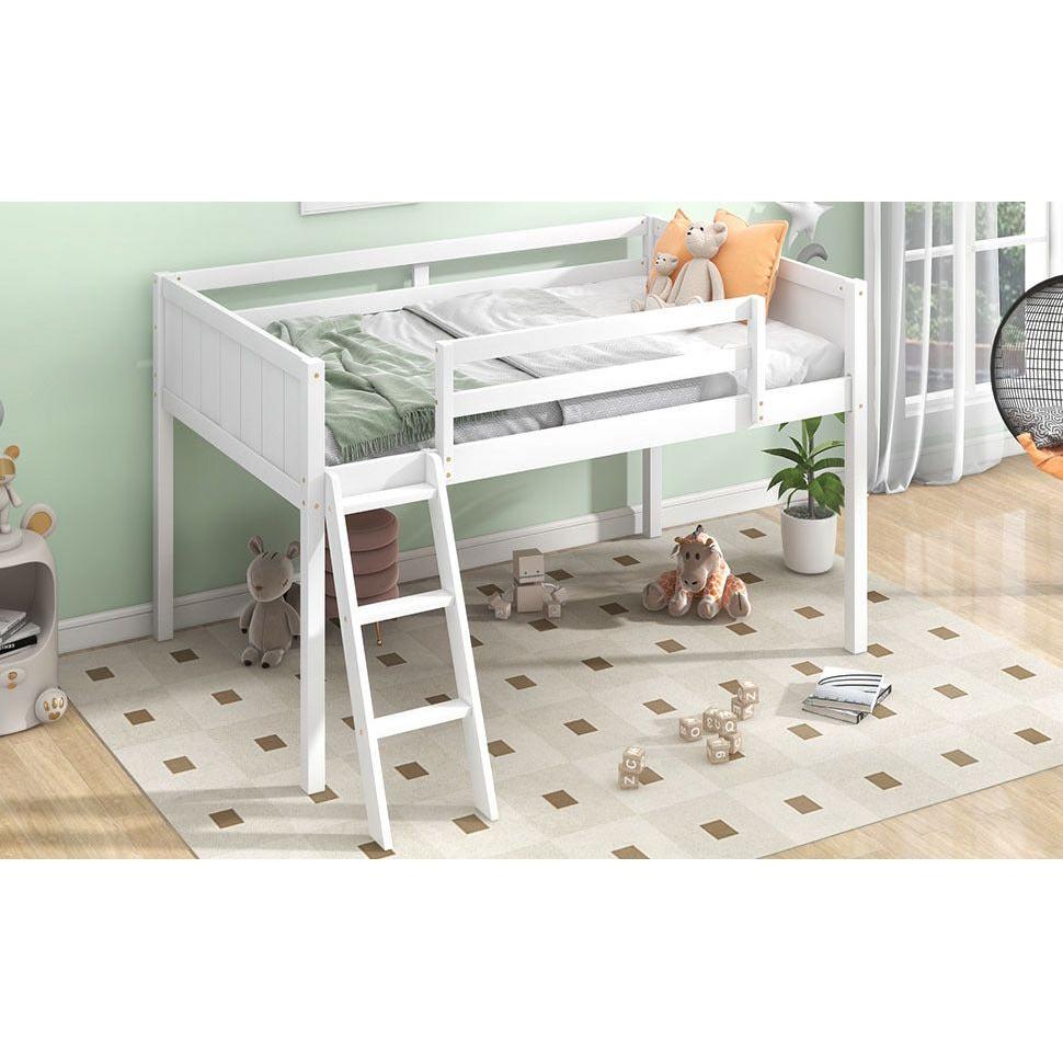 Twin Size Wood Low Loft Bed with Ladder, ladder can be placed on the left or right, White