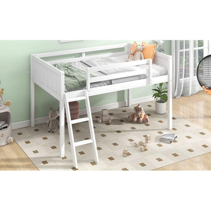 Twin Size Wood Low Loft Bed with Ladder, ladder can be placed on the left or right, White