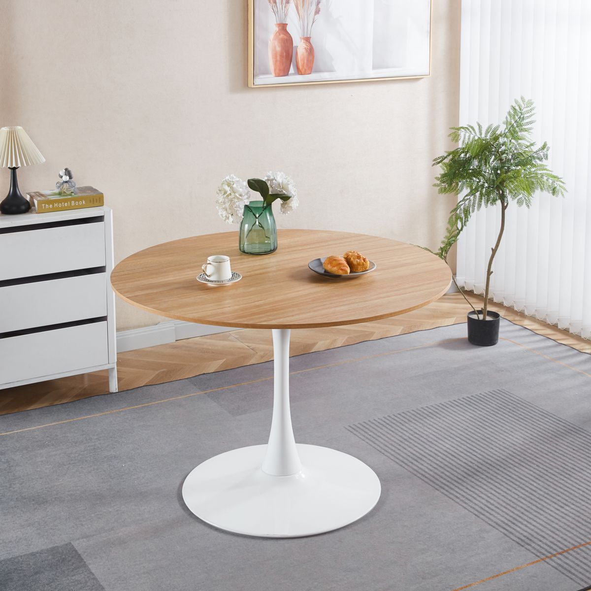 42.1'OAK COLOR TOP Tulip Table Mid-century Dining Table for 4-6 people With Round Mdf Table Top, Pedestal Dining Table, End Table Leisure Coffee Table
