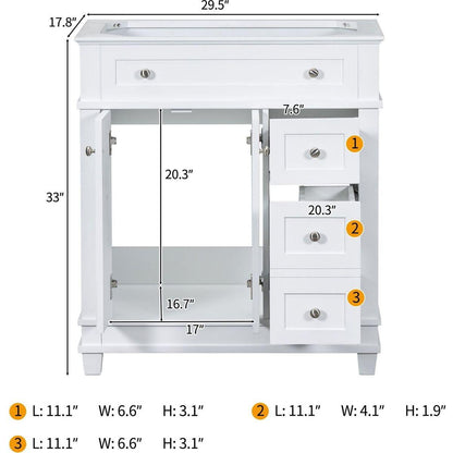 30" Bathroom Vanity Cabinet without Sink, Free Standing Vanity with 2 Drawers& Soft Closing Doors, Solid Wood Frame Bathroom Cabinet, White (NOT INCLUDE SINK)