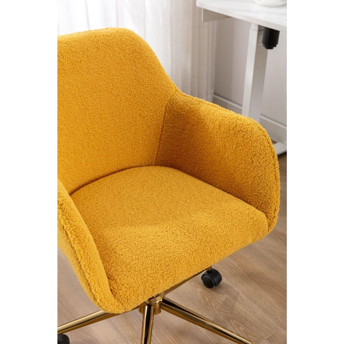 Modern Teddy Fabric Material Adjustable Height 360 Revolving Home Office Chair With Gold Metal Legs And Universal Wheel For Indoor,Yellow