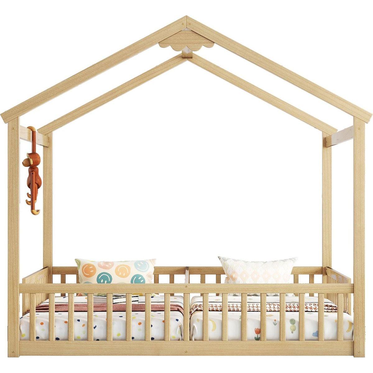 Double Twin House-Style Floor Bed with Fence, Guardrails, without door, Natural