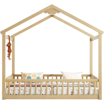 Double Twin House-Style Floor Bed with Fence, Guardrails, without door, Natural