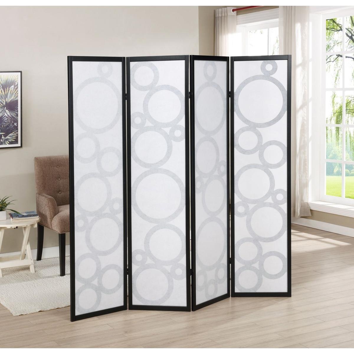 Arvada 4-Panel Wood Room Divider with Circle Pattern, Black
