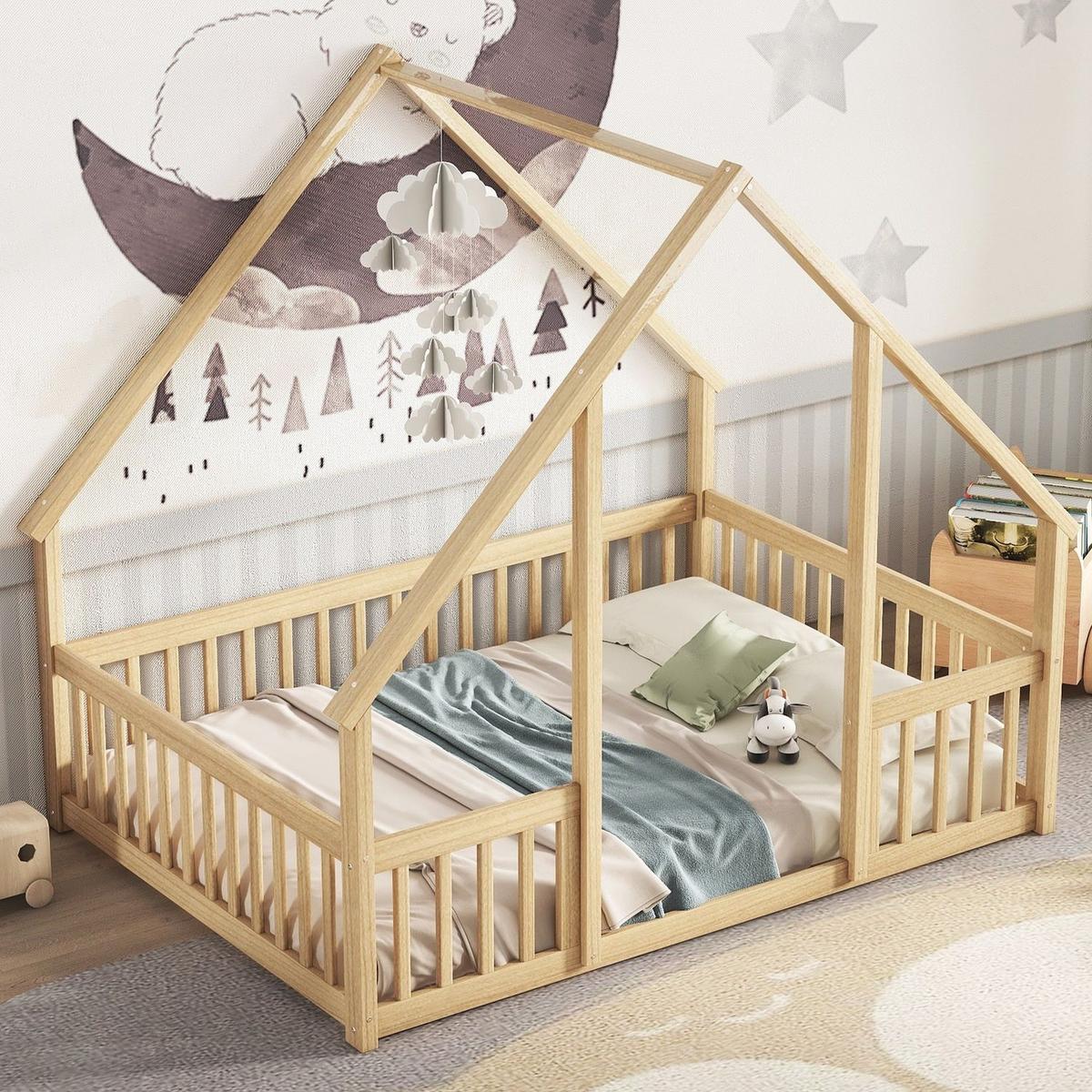 Full Wood House-Shaped Floor Bed with Fence, Guardrails,Natural