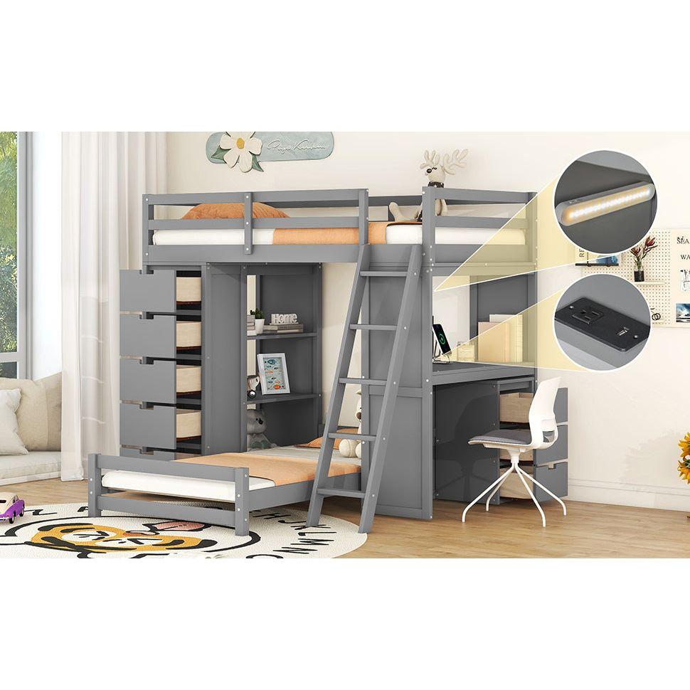 Twin over Twin Bunk Bed with LED Light and USB Ports, Gray