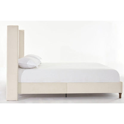 Upholstered Queen Bed / 54" High Headboard / Traditional Hand Buttoned Tufting / Nailhead Trim Wingback / No Box Spring Needed / Easy Assembly / Ivory Velvet