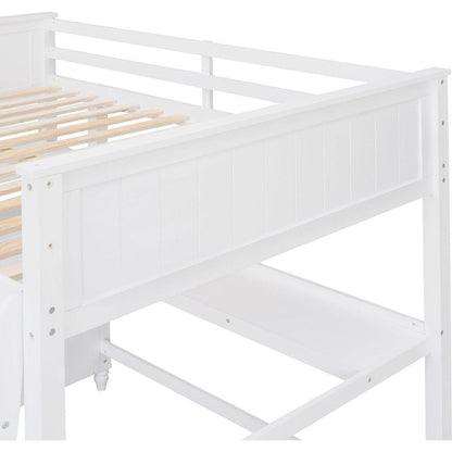 Full size Loft Bed with Drawers and Desk, Wooden Loft Bed with Shelves - White