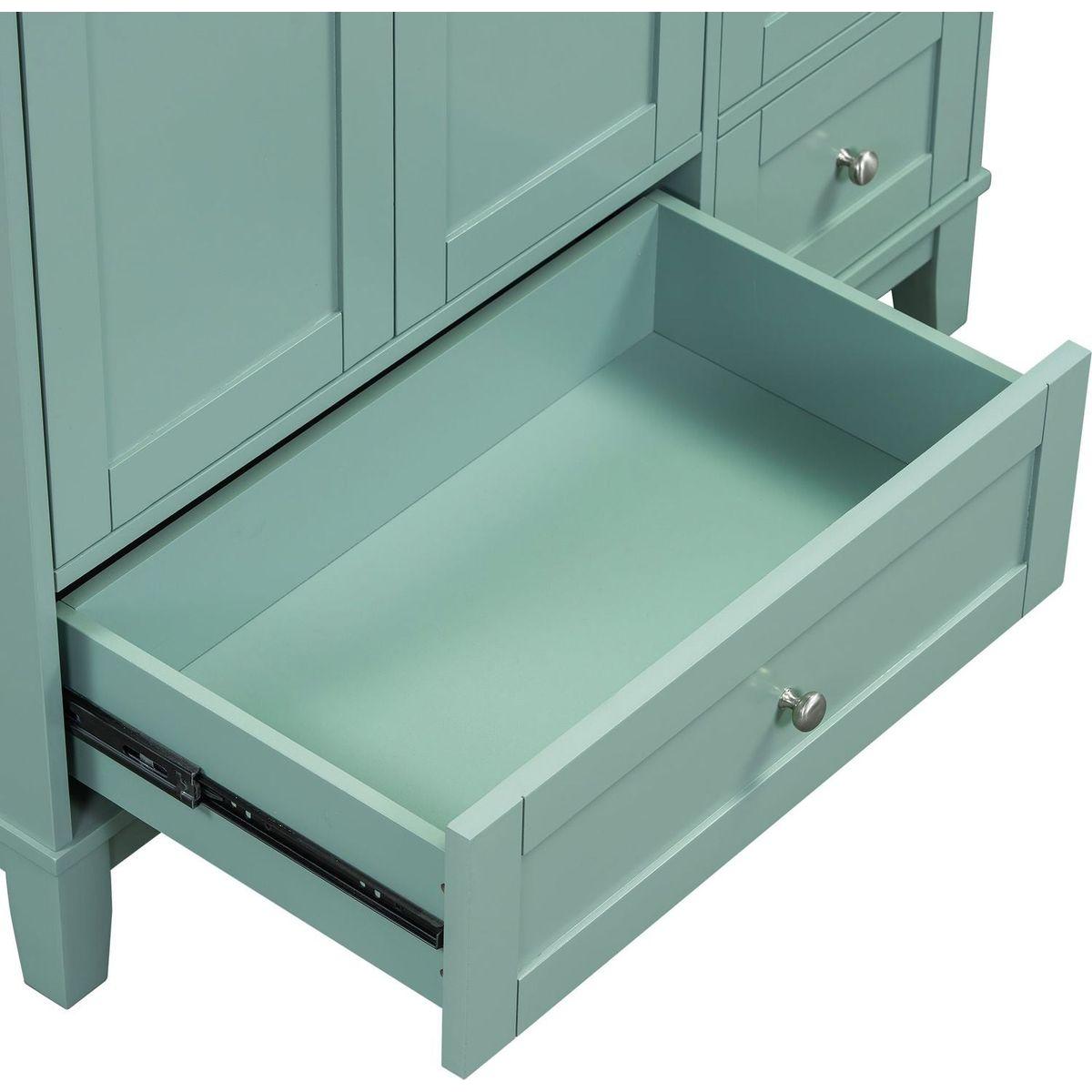 36 Inch Modern Bathroom Vanity with USB Charging, Two Doors and Three Drawers Bathroom Storage Vanity Cabinet, Small Bathroom Vanity cabinet with single sink, Green - Faucets Not Included