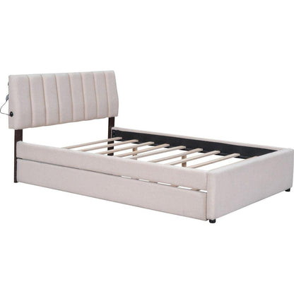 Teddy Fleece Full Size Upholstered Platform Bed with Trundle, Beige