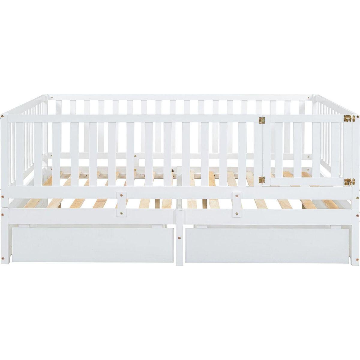 Full Size Wood Daybed with Fence Guardrails and 2 Drawers, Split into Independent Floor Bed & Daybed, White