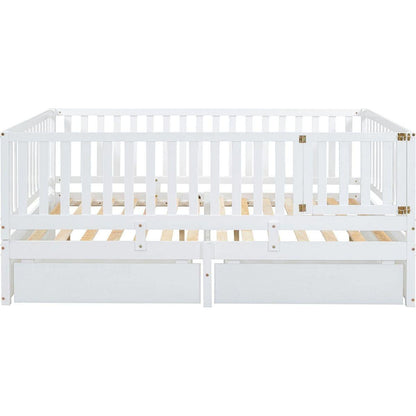 Full Size Wood Daybed with Fence Guardrails and 2 Drawers, Split into Independent Floor Bed & Daybed, White