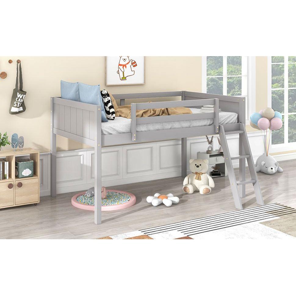 Twin Size Wood Low Loft Bed with Ladder, ladder can be placed on the left or right, Gray