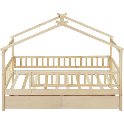 Twin Size Wooden House Bed with Two Drawers, Natural
