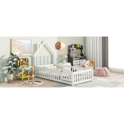 Twin House-Shaped Headboard Floor Bed with Fence,White
