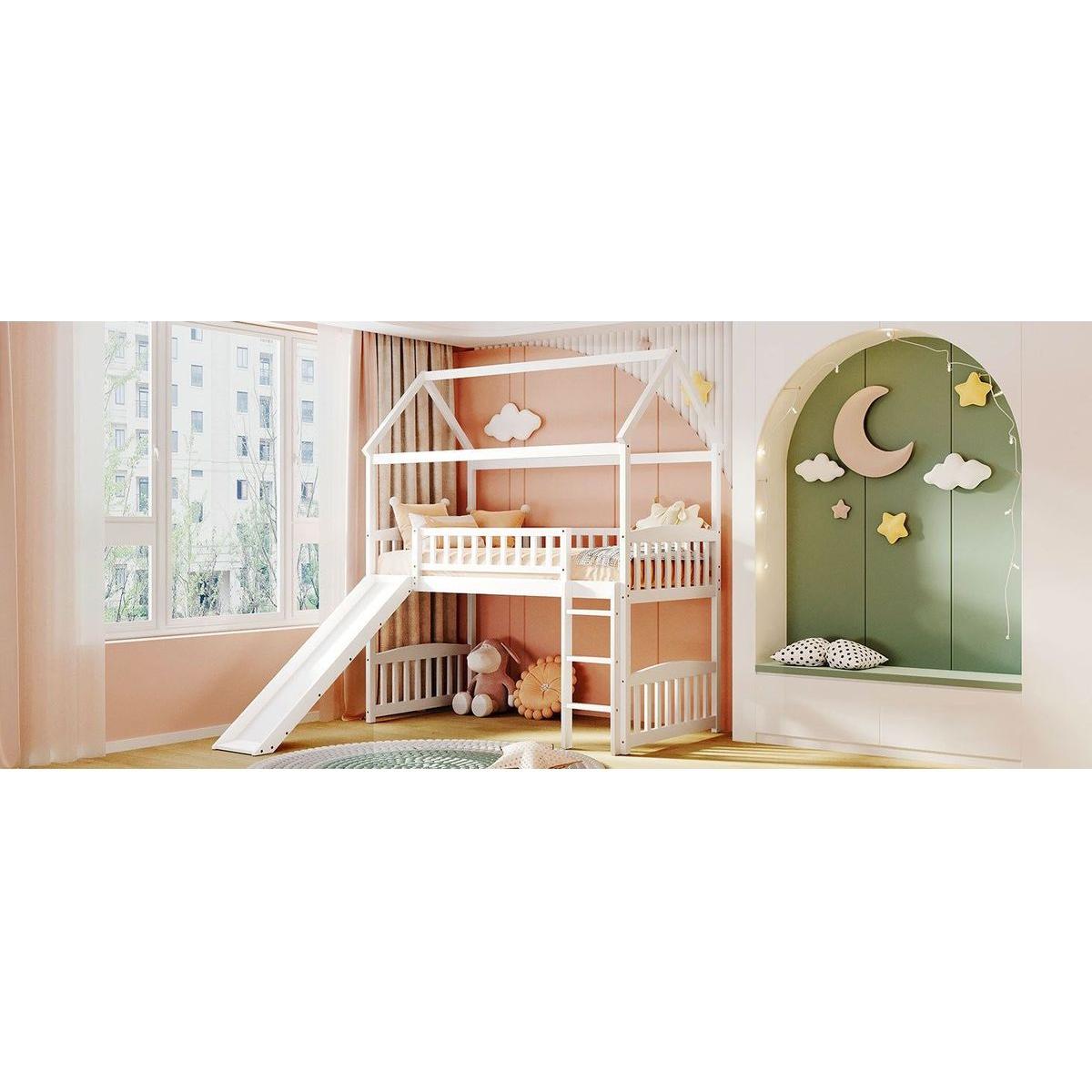 Twin Loft Bed with Slide, House Bed with Slide,White