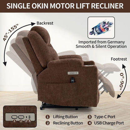 Okin motor Up to 350 LBS Chenille Power Lift Recliner Chair, Heavy Duty Motion Mechanism with 8-Point Vibration Massage and Lumbar Heating, USB and Type-C Ports, Stainless Steel Cup Holders, Brown