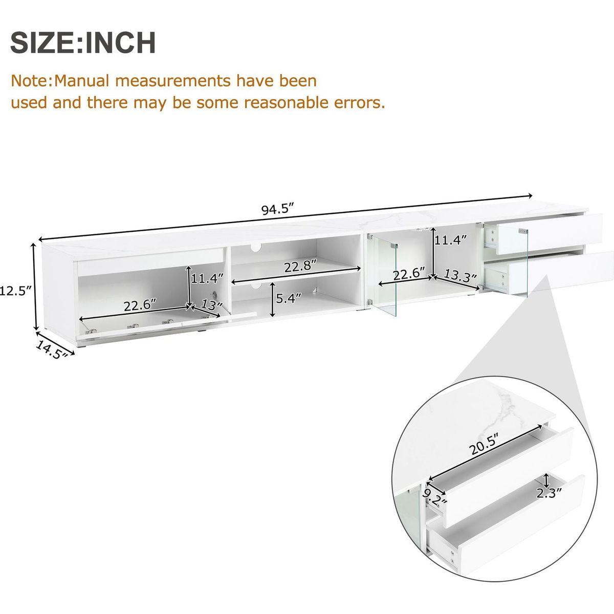 Modern APP Controlled LED TV Stand for TVs Up to 105", Faux Marble Tabletop Media Console with Tempered Glass Doors, Entertainment Center with 2 Drawers & Cabinets for Living Room, White