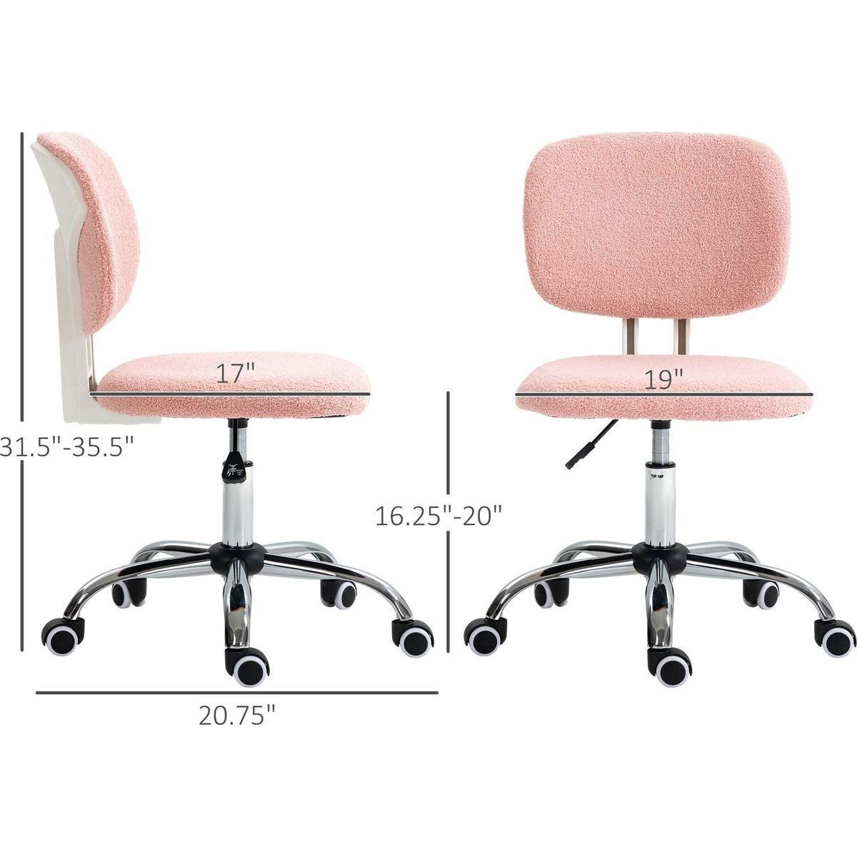 Vinsetto Cute Armless Office Chair, Teddy Fleece Fabric Computer Desk Chair, Vanity Task Chair with Adjustable Height, Swivel Wheels, Mid Back, Pink