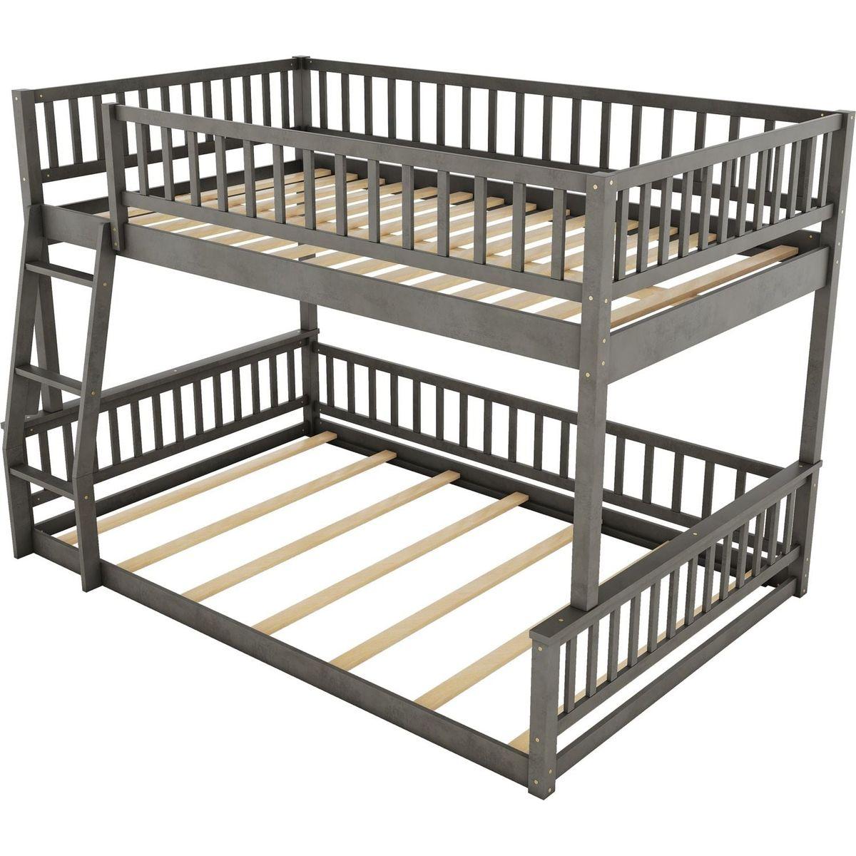 Full XL over Queen Bunk Bed with Ladder and Guardrails, Gray