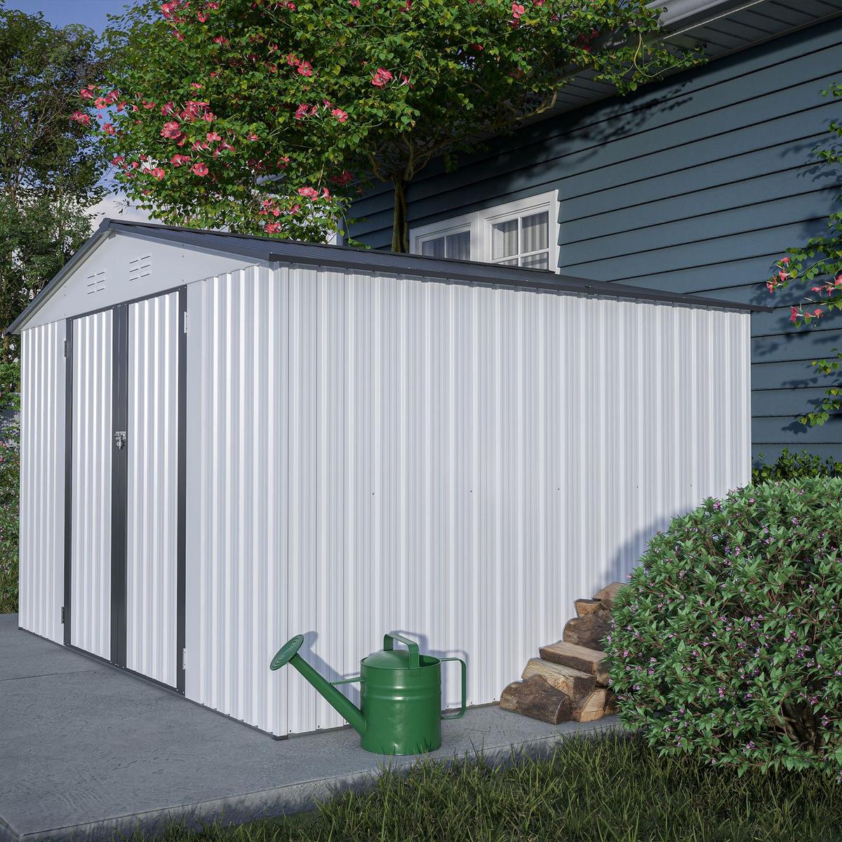 10X8 FT Outdoor Storage Shed, All Weather Metal Sheds with Lockable Doors, Tool Shed for Garden, Patio, Backyard, Lawn, Grey