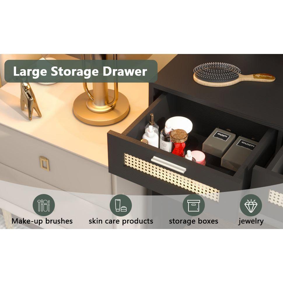 Makeup Vanity with Lights in 3 Colors & Openable Mirror, Vanity Desk with 4 Drawers & 1 Cabinets & Shelves, Vanity Table Rattan Vanity Dresser, for Bedroom