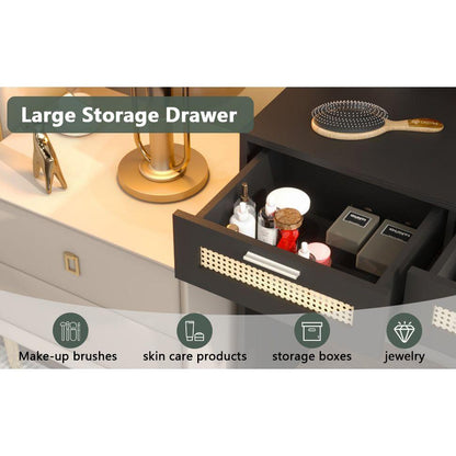 Makeup Vanity with Lights in 3 Colors & Openable Mirror, Vanity Desk with 4 Drawers & 1 Cabinets & Shelves, Vanity Table Rattan Vanity Dresser, for Bedroom