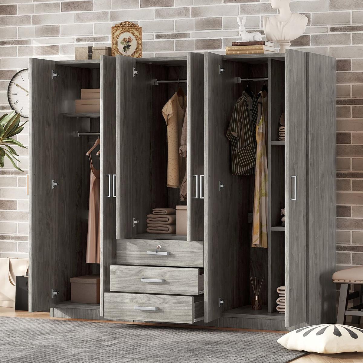 6-Doors Wooden Wardrobe Storage for Bedroom, with Big Drawers, Gray
