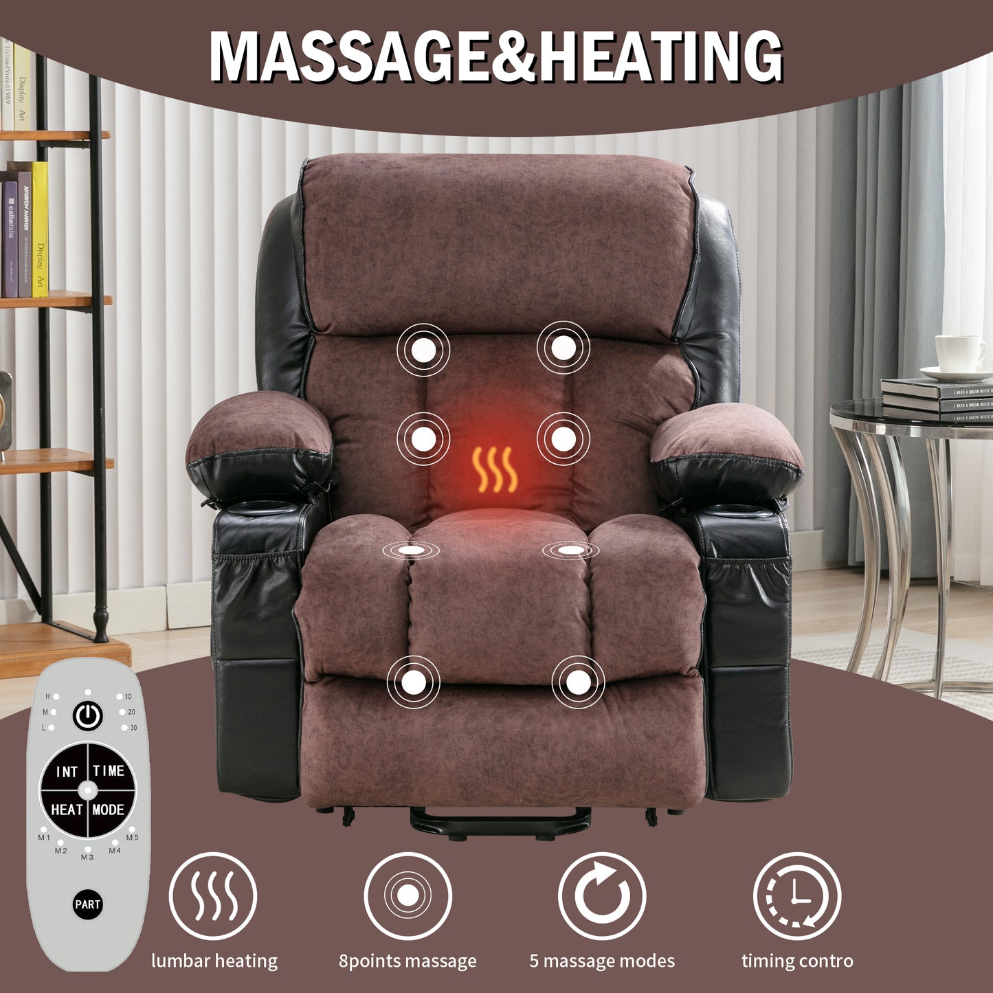 Power Lift Recliner Chair Recliners for Elderly with Heat and Massage Recliner Chair for Living Room with Infinite Position and Side Pocket,USB Charge Port.BLACKBROWN