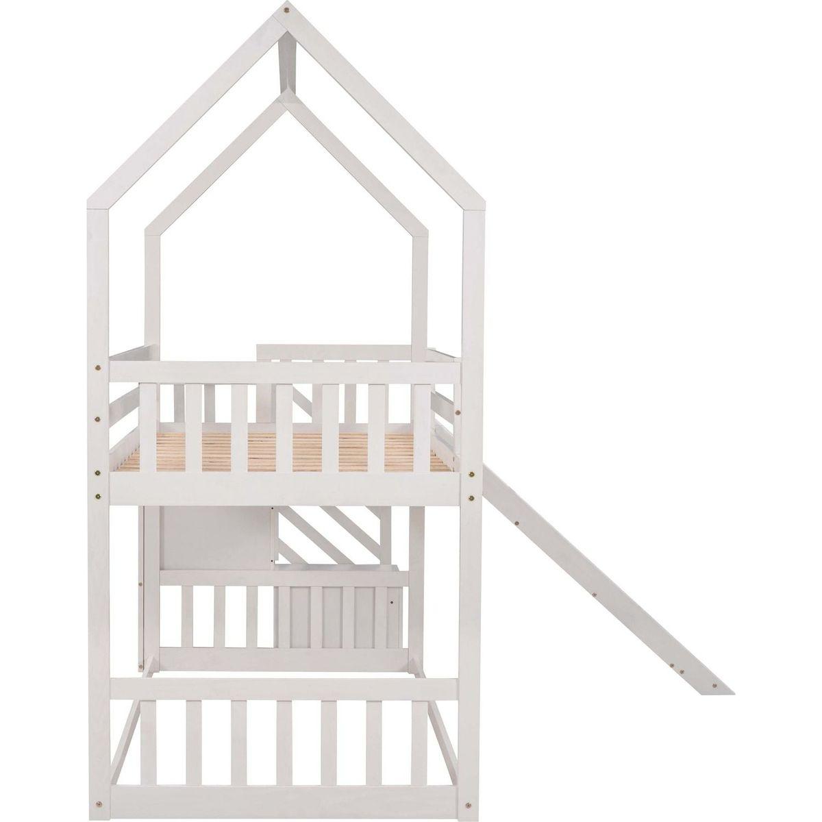 Twin over Twin House Bunk Bed with Convertible Slide,Storage Staircase,White